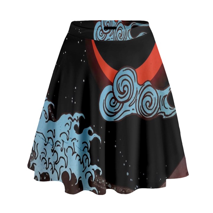 Night In The Ocean Red Waves Art Moon Dark Japanese Wave High Waist Skirt