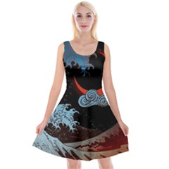 Night In The Ocean Red Waves Art Moon Dark Japanese Wave Reversible Velvet Sleeveless Dress by Perong