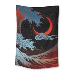 Night In The Ocean Red Waves Art Moon Dark Japanese Wave Small Tapestry by Perong