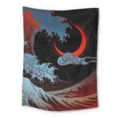 Night In The Ocean Red Waves Art Moon Dark Japanese Wave Medium Tapestry