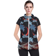 Night In The Ocean Red Waves Art Moon Dark Japanese Wave Women s Puffer Vest