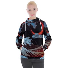 Night In The Ocean Red Waves Art Moon Dark Japanese Wave Women s Hooded Pullover