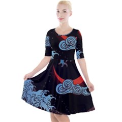 Night In The Ocean Red Waves Art Moon Dark Japanese Wave Quarter Sleeve A-line Dress by Perong