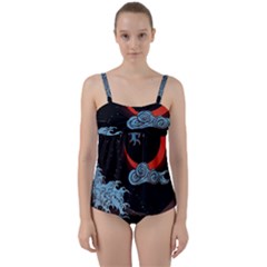 Night In The Ocean Red Waves Art Moon Dark Japanese Wave Twist Front Tankini Set by Perong