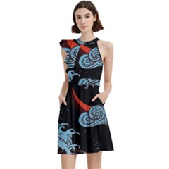 Night In The Ocean Red Waves Art Moon Dark Japanese Wave Cocktail Party Halter Sleeveless Dress With Pockets by Perong