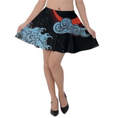 Night In The Ocean Red Waves Art Moon Dark Japanese Wave Velvet Skater Skirt