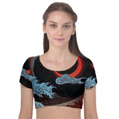 Night In The Ocean Red Waves Art Moon Dark Japanese Wave Velvet Short Sleeve Crop Top  by Perong