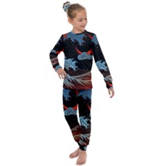 Night In The Ocean Red Waves Art Moon Dark Japanese Wave Kids  Long Sleeve Set 