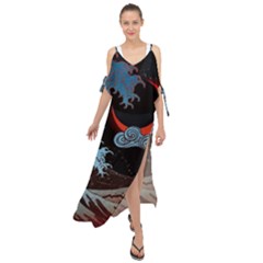 Night In The Ocean Red Waves Art Moon Dark Japanese Wave Maxi Chiffon Cover Up Dress by Perong