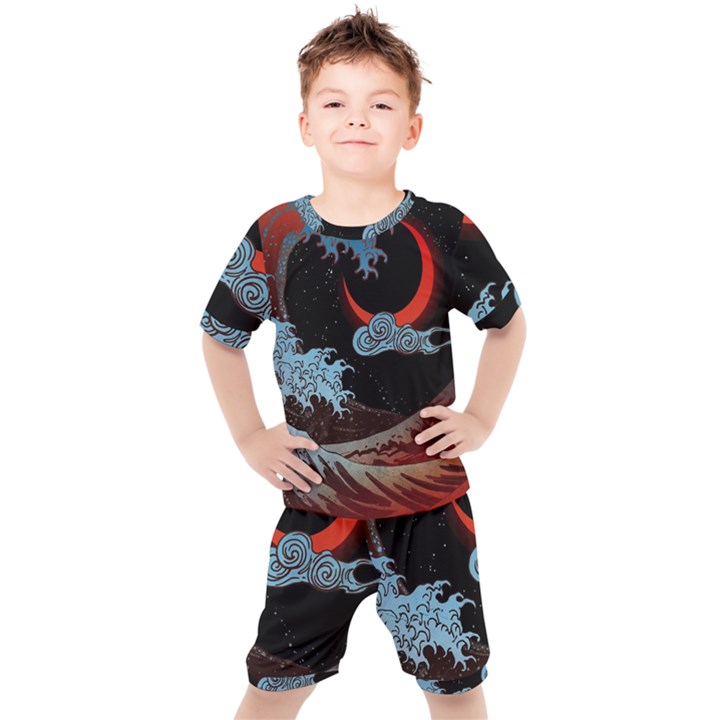 Night In The Ocean Red Waves Art Moon Dark Japanese Wave Kids  T-Shirt and Shorts Set