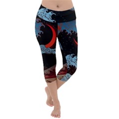 Night In The Ocean Red Waves Art Moon Dark Japanese Wave Lightweight Velour Capri Yoga Leggings by Perong