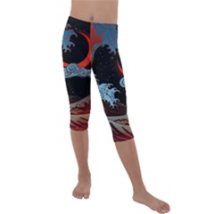 Night In The Ocean Red Waves Art Moon Dark Japanese Wave Kids  Lightweight Velour Capri Leggings  by Perong