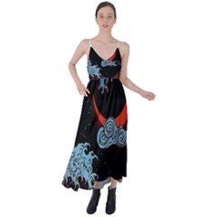 Night In The Ocean Red Waves Art Moon Dark Japanese Wave Tie Back Maxi Dress by Perong