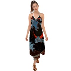 Night In The Ocean Red Waves Art Moon Dark Japanese Wave Halter Tie Back Dress  by Perong