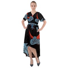 Night In The Ocean Red Waves Art Moon Dark Japanese Wave Front Wrap High Low Dress by Perong