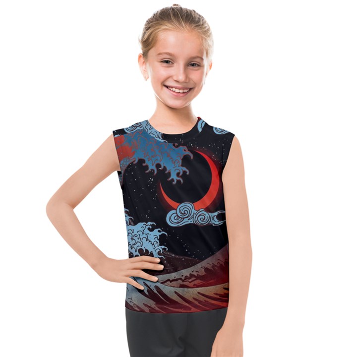 Night In The Ocean Red Waves Art Moon Dark Japanese Wave Kids  Mesh Tank Top