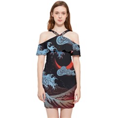 Night In The Ocean Red Waves Art Moon Dark Japanese Wave Shoulder Frill Bodycon Summer Dress by Perong