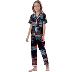 Night In The Ocean Red Waves Art Moon Dark Japanese Wave Kids  Satin Short Sleeve Pajamas Set by Perong