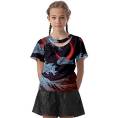 Night In The Ocean Red Waves Art Moon Dark Japanese Wave Kids  Front Cut T-shirt by Perong