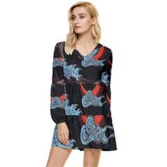 Night In The Ocean Red Waves Art Moon Dark Japanese Wave Tiered Long Sleeve Mini Dress by Perong