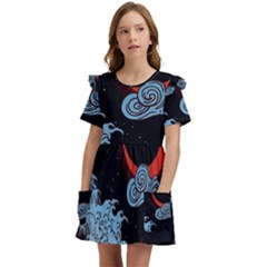 Night In The Ocean Red Waves Art Moon Dark Japanese Wave Kids  Frilly Sleeves Pocket Dress by Perong