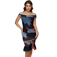 Night In The Ocean Red Waves Art Moon Dark Japanese Wave Off Shoulder Ruffle Split Hem Bodycon Dress by Perong