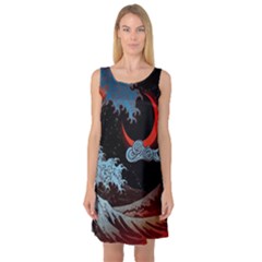 Night In The Ocean Red Waves Art Moon Dark Japanese Wave Sleeveless Satin Nightdress by Perong