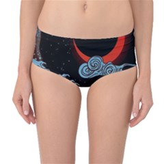 Night In The Ocean Red Waves Art Moon Dark Japanese Wave Mid-waist Bikini Bottoms by Perong