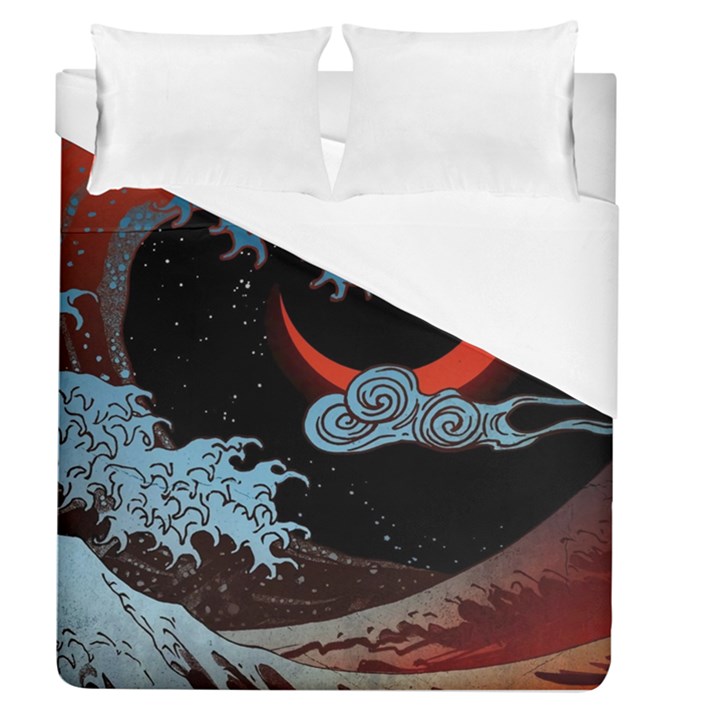 Night In The Ocean Red Waves Art Moon Dark Japanese Wave Duvet Cover (Queen Size)