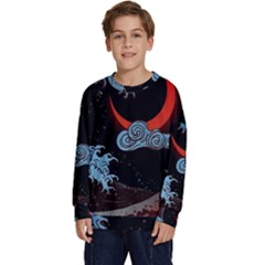 Night In The Ocean Red Waves Art Moon Dark Japanese Wave Kids  Crewneck Sweatshirt by Perong