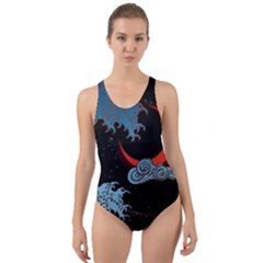 Night In The Ocean Red Waves Art Moon Dark Japanese Wave Cut-out Back One Piece Swimsuit by Perong