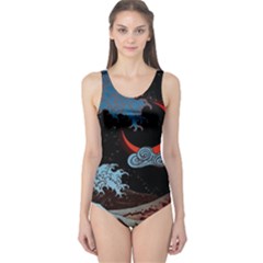 Night In The Ocean Red Waves Art Moon Dark Japanese Wave One Piece Swimsuit by Perong