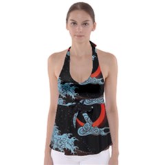 Night In The Ocean Red Waves Art Moon Dark Japanese Wave Tie Back Tankini Top by Perong