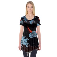 Night In The Ocean Red Waves Art Moon Dark Japanese Wave Short Sleeve Tunic  by Perong