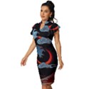 Night In The Ocean Red Waves Art Moon Dark Japanese Wave Vintage Frill Sleeve V-Neck Bodycon Dress View2