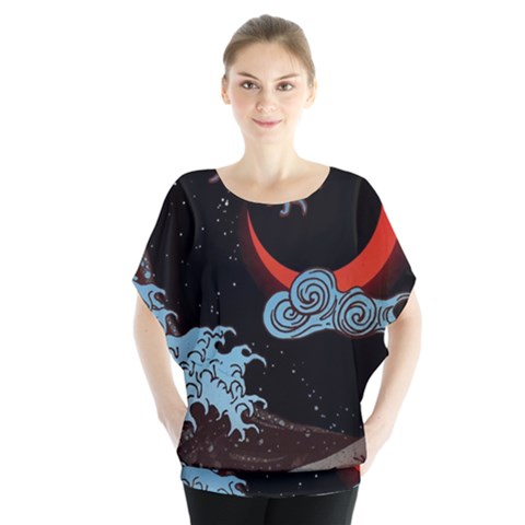 Night In The Ocean Red Waves Art Moon Dark Japanese Wave Batwing Chiffon Blouse by Perong