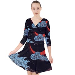 Night In The Ocean Red Waves Art Moon Dark Japanese Wave Quarter Sleeve Front Wrap Dress by Perong