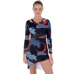 Night In The Ocean Red Waves Art Moon Dark Japanese Wave Asymmetric Cut-out Shift Dress