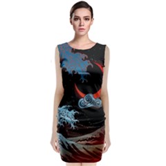 Night In The Ocean Red Waves Art Moon Dark Japanese Wave Sleeveless Velvet Midi Dress