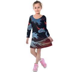 Night In The Ocean Red Waves Art Moon Dark Japanese Wave Kids  Long Sleeve Velvet Dress