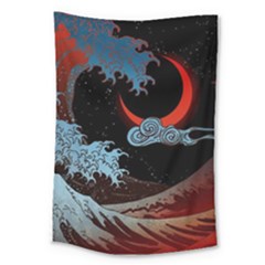 Night In The Ocean Red Waves Art Moon Dark Japanese Wave Large Tapestry