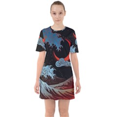 Night In The Ocean Red Waves Art Moon Dark Japanese Wave Sixties Short Sleeve Mini Dress by Perong