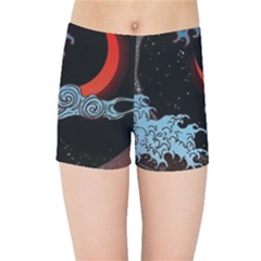 Night In The Ocean Red Waves Art Moon Dark Japanese Wave Kids  Sports Shorts by Perong