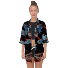 Night In The Ocean Red Waves Art Moon Dark Japanese Wave Open Front Chiffon Kimono by Perong