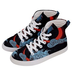 Night In The Ocean Red Waves Art Moon Dark Japanese Wave Women s Hi-top Skate Sneakers by Perong