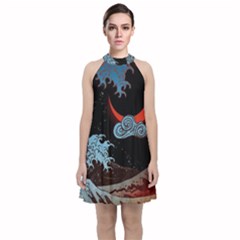 Night In The Ocean Red Waves Art Moon Dark Japanese Wave Velvet Halter Neckline Dress  by Perong