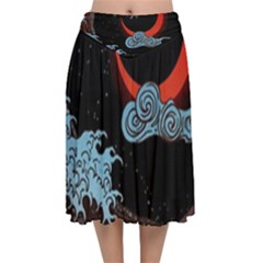 Night In The Ocean Red Waves Art Moon Dark Japanese Wave Velvet Flared Midi Skirt