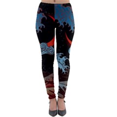 Night In The Ocean Red Waves Art Moon Dark Japanese Wave Lightweight Velour Leggings by Perong