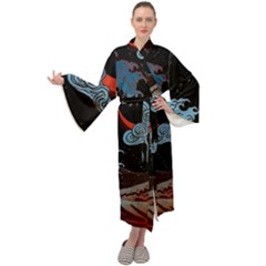 Night In The Ocean Red Waves Art Moon Dark Japanese Wave Maxi Velvet Kimono by Perong