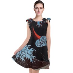 Night In The Ocean Red Waves Art Moon Dark Japanese Wave Tie Up Tunic Dress by Perong